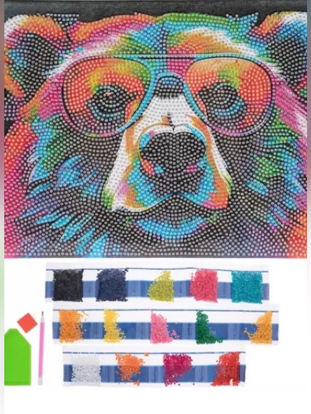 Hobby Lobby Rainbow Bear Diamond Painting with Black Accents- Lisa Frank like